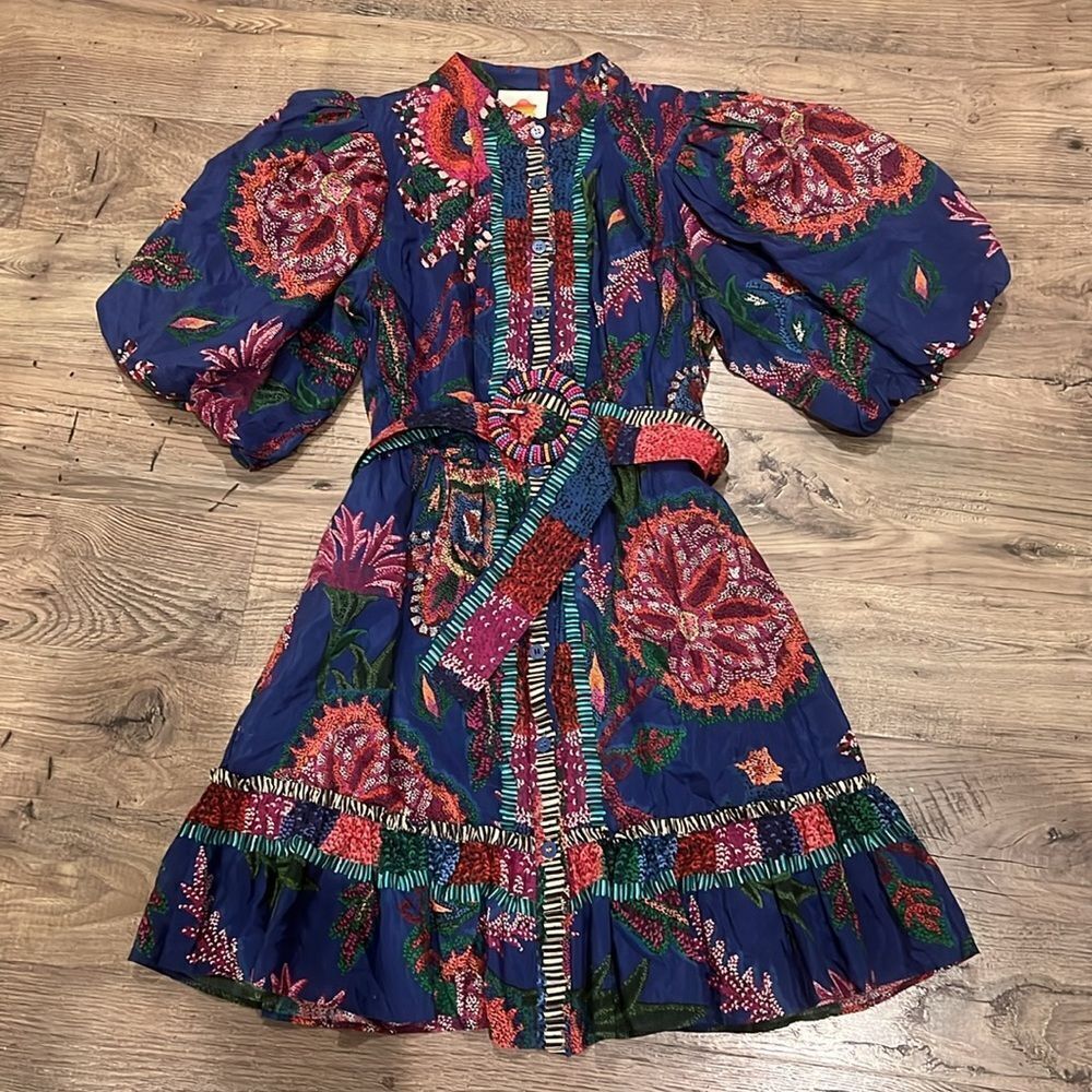 New FARM Rio Sunset Tapestry Belted Cotton Blend Minidress Sz XXS - Picture 5 of 8